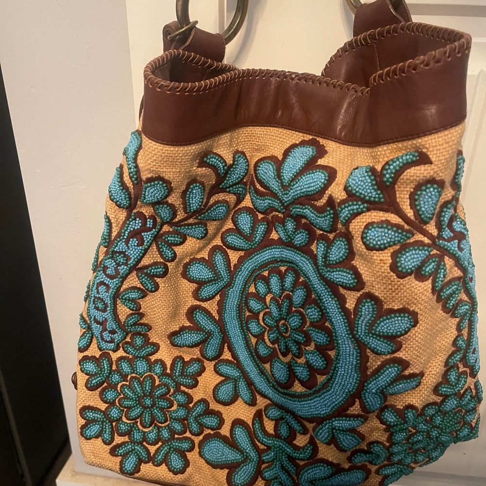 Brown and Blue Embroidered Women's Bag